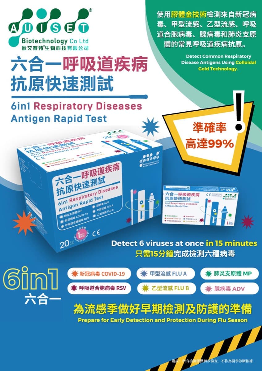 六合一呼吸道疾病抗原快速測試 — 15 分鐘檢測 6 種病毒，準確率 99%